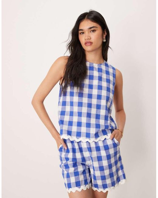 Y.A.S Blue Woven Gingham Top Co-ord With Scallop Trims