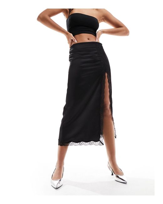 Mango Black Split Front Satin And Lace Midi Skirt