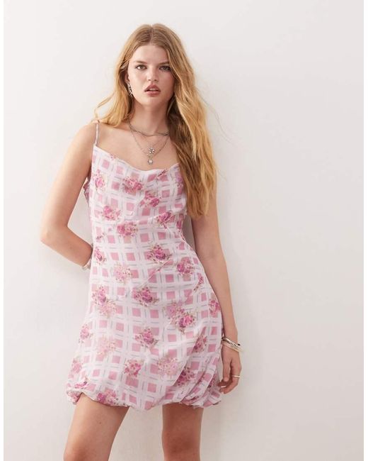 Vestito Corto A Quadri E Fiori Con Fondo A Palloncino di Reclaimed (vintage) in Pink
