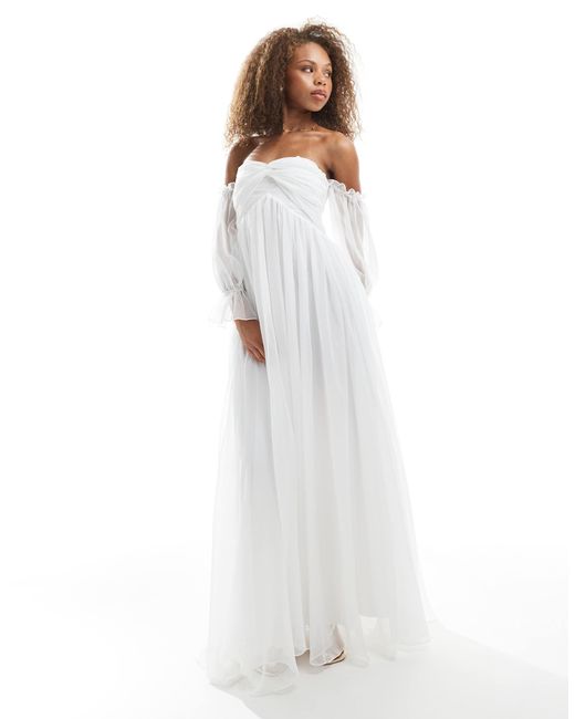 TFNC London White Bandeau Maxi Dress With Sheer Sleeves