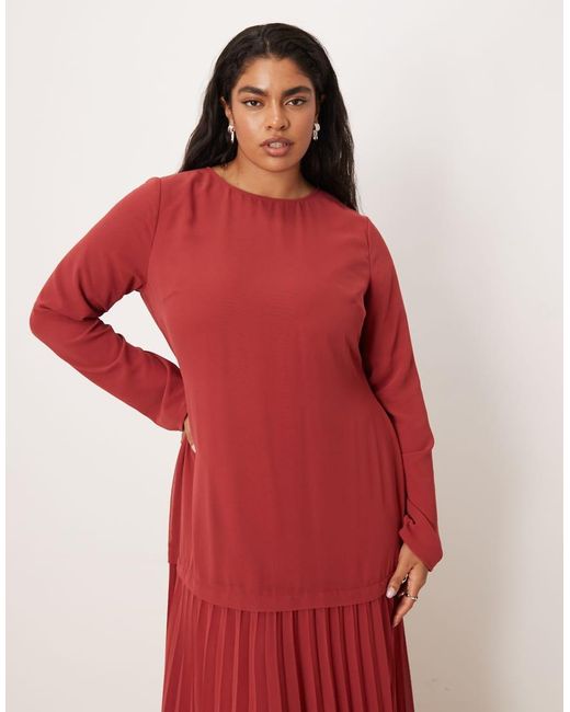 ASOS Red Asos Design Curve Long Sleeved Pleated Skirt Maxi Dress