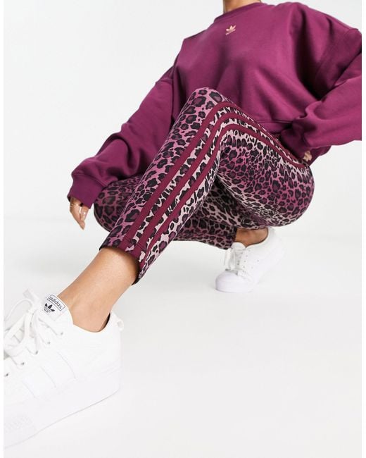 adidas Originals Three Stripe Leopard Print leggings in Purple Lyst