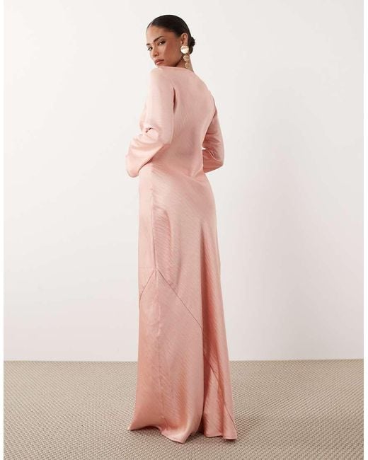 TFNC London Pink Satin Flared Long Sleeve Maxi Dress
