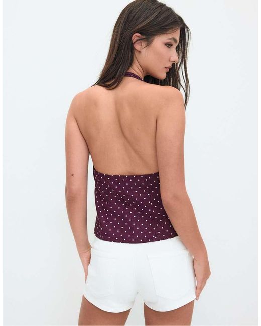 Stradivarius White Polka Dot Print Fitted Halter Top