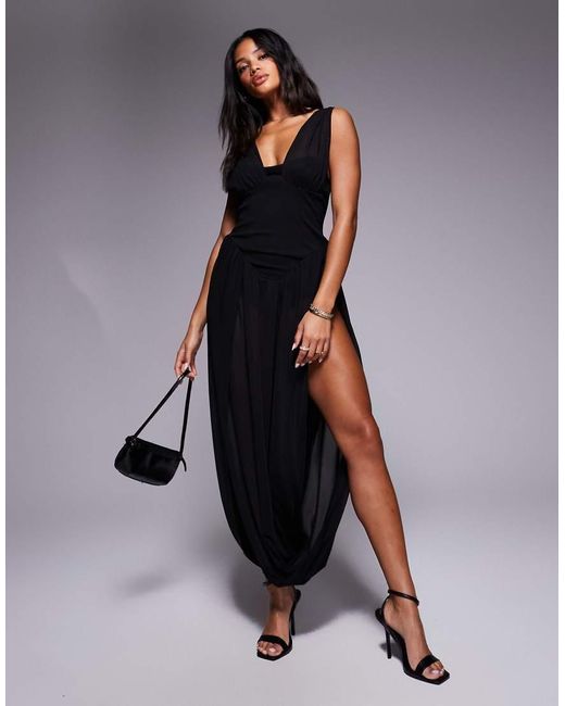 ASOS Black Plunge Stretch Chiffon Midi Dress With Scuba Bodice