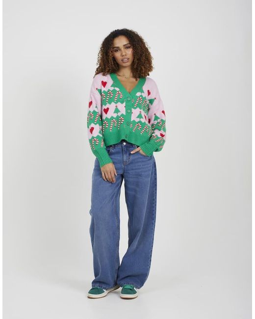Brave Soul Green Jacquard Knit V-Neck Christmas Cardigan