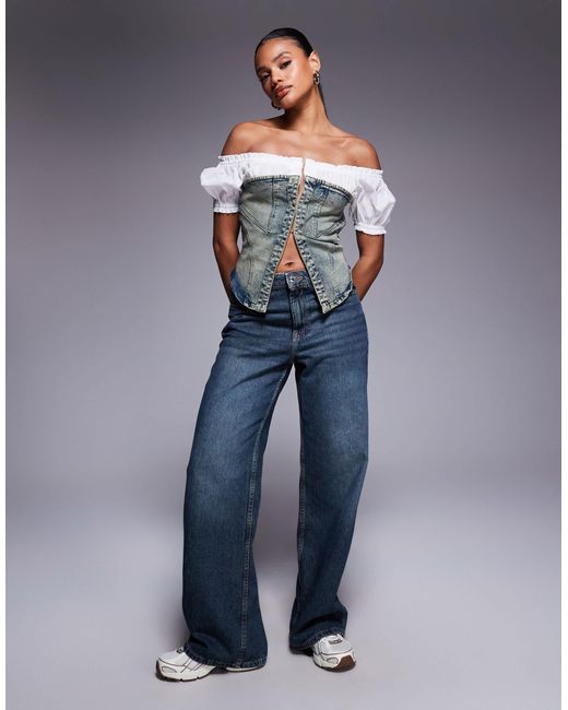Liquor N Poker Gray Hook Eye Denim Corset With Milkmaid Sleeves