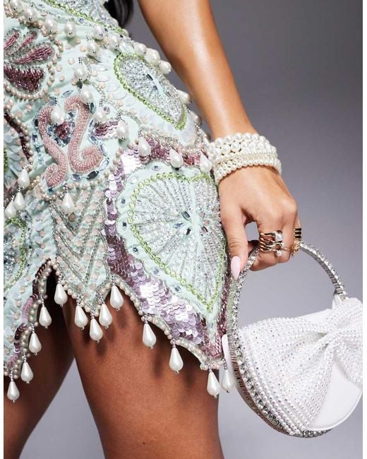 ASOS Gray Gem Encrusted Mini Dress With Pearl Embellishment & Scallop Hem