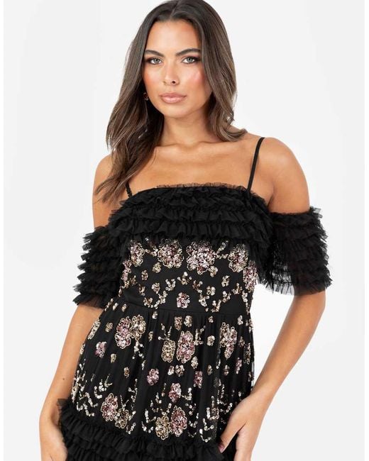 Bardot Ruffle Sleeve Maxi Dress Black