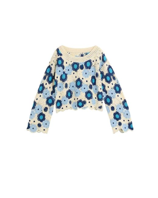 Desigual Blue Crochet Sweater With Flowers