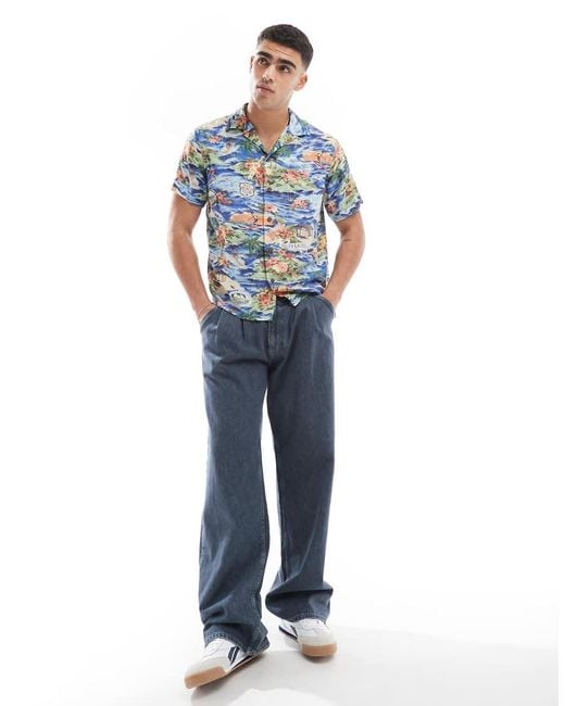 Polo Ralph Lauren Blue Short Sleeve Revere Collar Surf Scenic Print Rayon Shirt Classic Fit for men