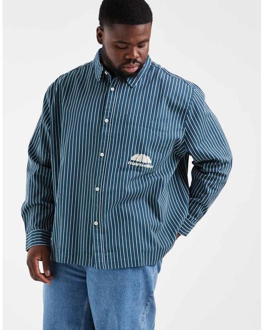 ASOS Blue Relaxed Twill Stripe Shirt With Chest Embroidery for men