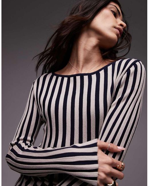 TOPSHOP Gebreide Gestreepte Top Met Rechte Hals in het Black