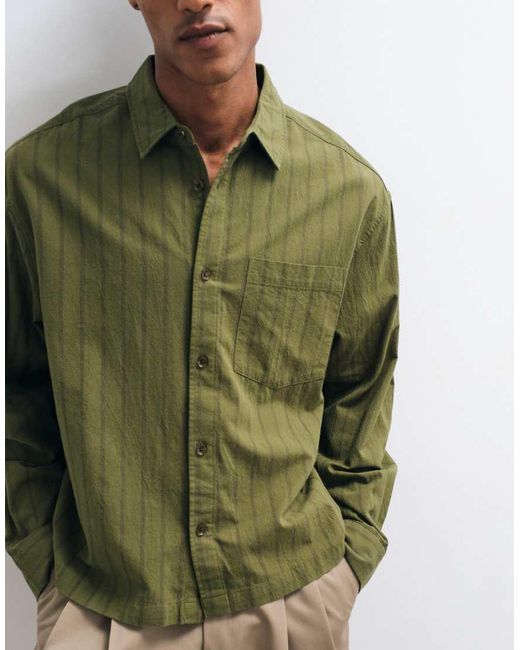 ASOS Green Boxy Oversized Linen Look Stripe Shirt With Chest Pocket for men