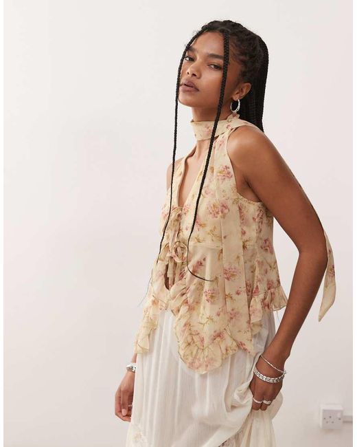 Reclaimed Vintage Natural Chiffon Floral Print Ruffle Tie Front Blouse With Matching Scarf
