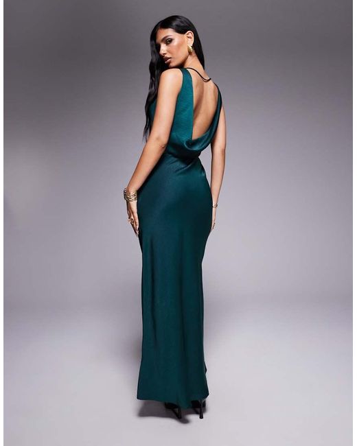 ASOS Blue Drape Bodice Satin Maxi Dress With Cowl Back Detail