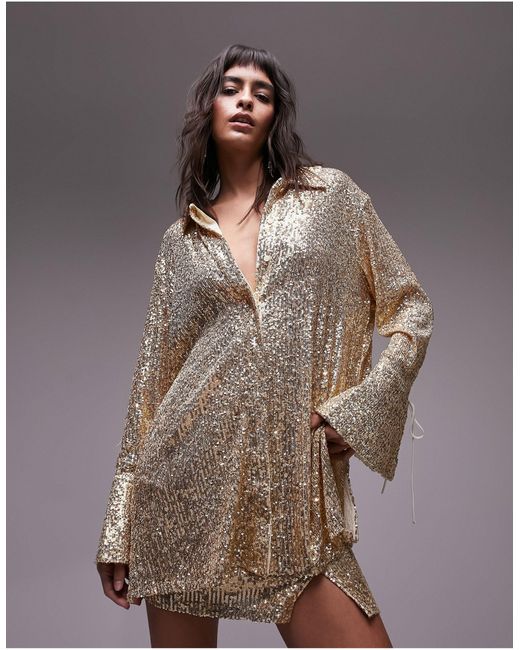 TOPSHOP Brown Co-ord Sequin Oversized Shirt
