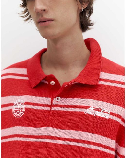 Pull&Bear Red Stwd Striped Knit Polo Shirt for men