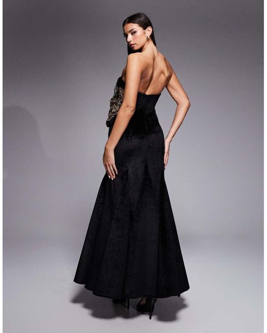 ASOS Blue Structured Velvet Godet Maxi Dress With Floral Embellishment