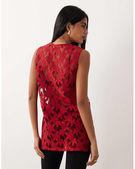 ASOS Red Lace Over Sized Long Line Vest Top