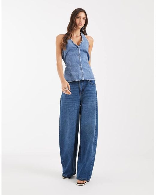 Object Blue Halter Neck Tie Waist Denim Top