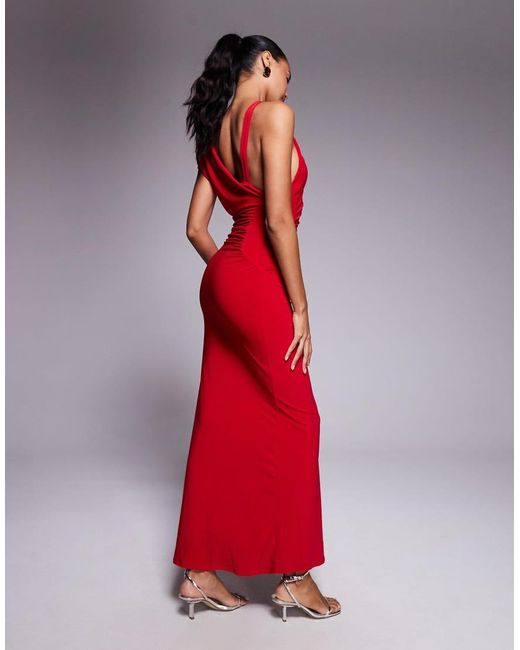 ASOS Red Slinky Maxi Dress With Shoulder Pad And Sculpted Seams