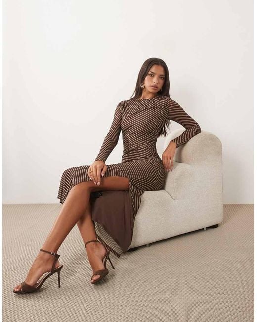 Forever New Brown Mesh Slash Neck Maxi Dress