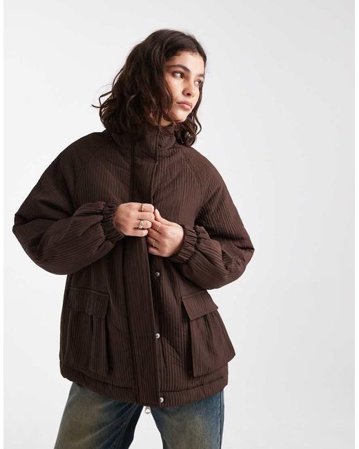 Pieces Brown Plisse Effect Funnel Neck Jacket