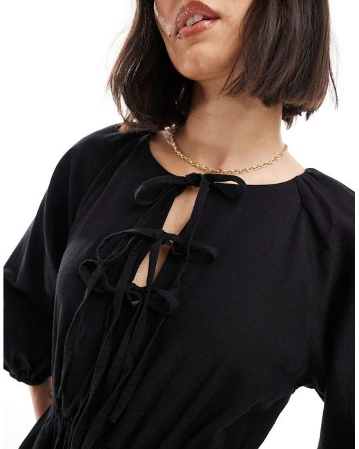 New Look Black Tie Front Tiered Smock Midi Dress