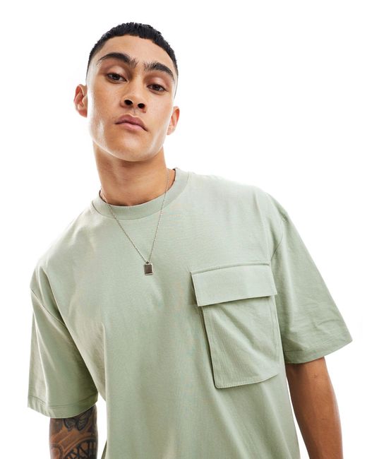 Camiseta verde lavado extragrande con bolsillo delantero ASOS de hombre de color Green