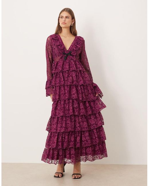 Sister Jane Purple Dream V Neck Lace Maxi Dress With Tiered Skirt