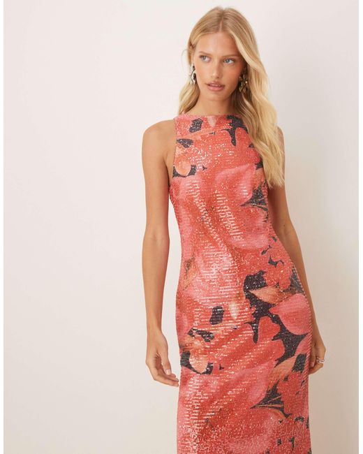 Pretty Lavish Orange – midaxi-kleid mit paillettenbesatz und überdimensionalem, buntem blumenmuster