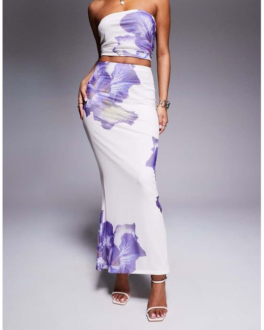 Kaiia Blue Exclusive Double Layered Slinky Mesh Floral Maxi Skirt Co-ord