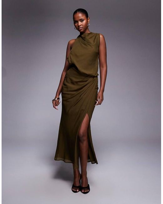 ASOS Brown Button Detail Drape Front Maxi Dress