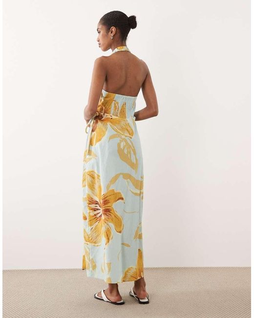 ASOS White Cotton Linen Halter Neck Wrap Maxi Sundress Blue & Yellow Floral