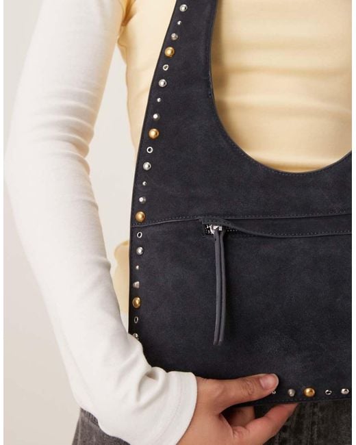 Mango Black Slouchy Suede Studded Shoulder Bag
