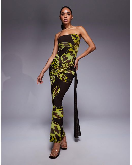 Kaiia Multicolor Exclusive Double Layered Slinky Mesh Bandeau Tie Side Drape Detail Maxi Dress
