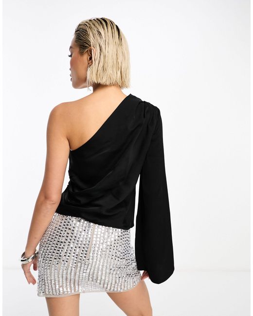 & Other Stories Black One Shoulder Top With Draped Tie Neck And Fluted Sleeve