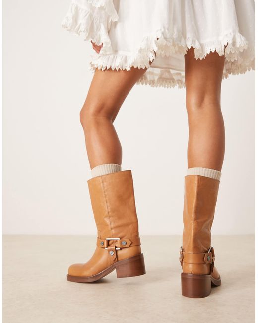 ASOS Natural Colton Premium Leather Harness Trucker Knee Boots