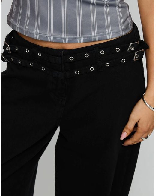 Princess Polly Black Baccarat Cotton Rich Double Belted Eyelet Detail Wide Leg Denim Jeans