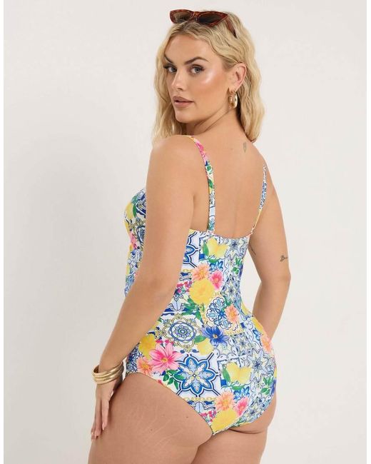 Yours Clothing Blue Mediterranean Tile Bandeau Swimsuit