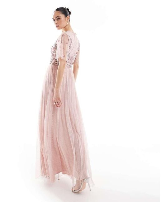 Maya Pink Floral Embellished Polka Dot Mesh Maxi Bridesmaid Dress