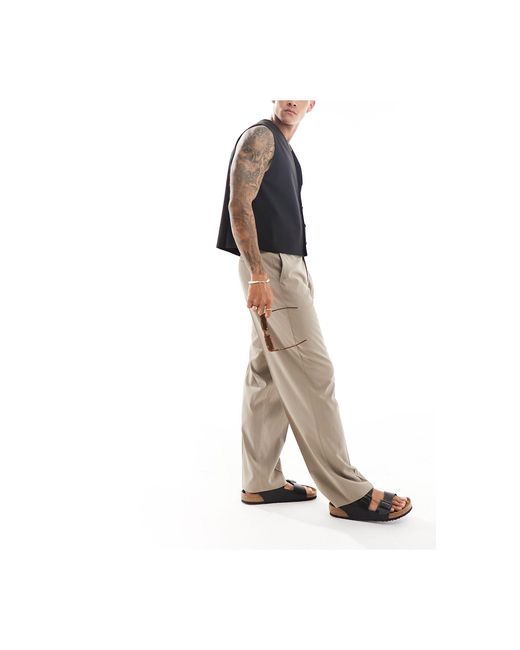 ASOS Brown Linen Blend Wide Leg Smart Trousers for men