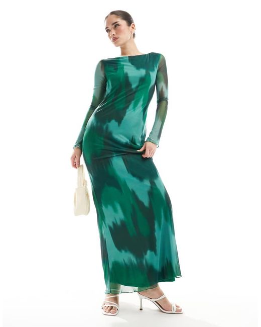 Vero Moda Maxi-Jurk Van Mesh Met Lange Mouwen En Abstracte Print in het Green