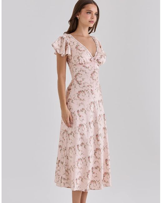 House Of Cb Pink Raye Vintage Rose Floral Print Satin V-Neck Midi Tea Dress