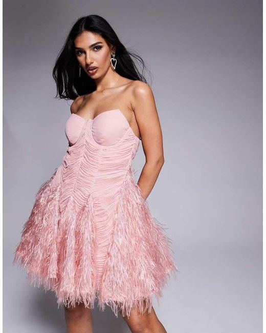 ASOS Pink Faux Feather Bandeau Mini Dress With Organza Ruching