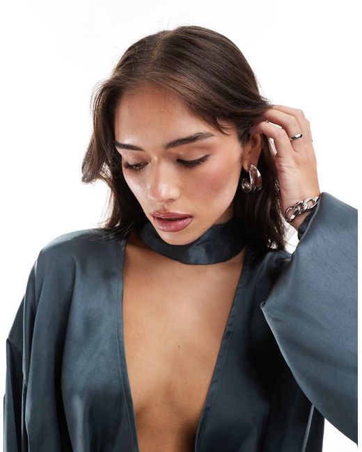 ASOS Blue Satin Wrap Top With Choker Detail