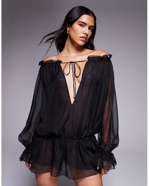 I.AM.GIA Gray Jazmin Georgette Chiffon Bardot Plunge Tie Detail Dropped Waist Playsuit