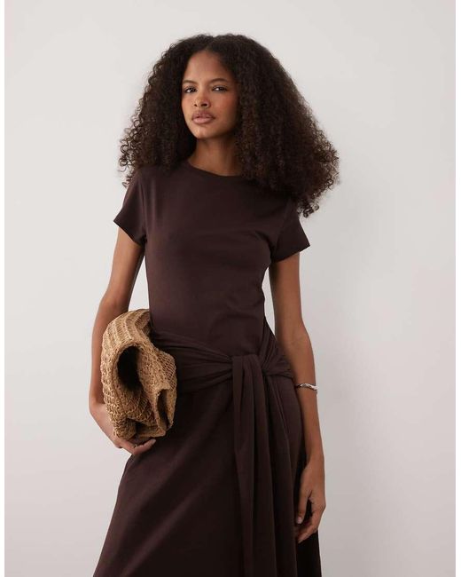 ASOS Brown Short Sleeve Midaxi Dress With Tie Waist