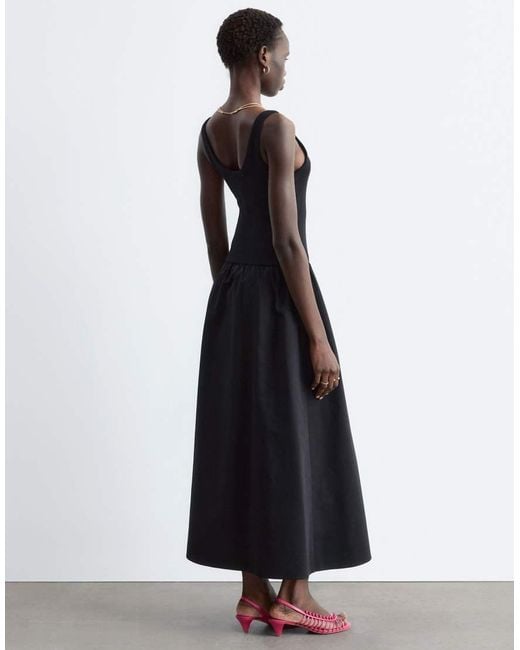 & Other Stories Black Fitted Bodice Maxi Jersey Dress With Cotton Poplin Skirting